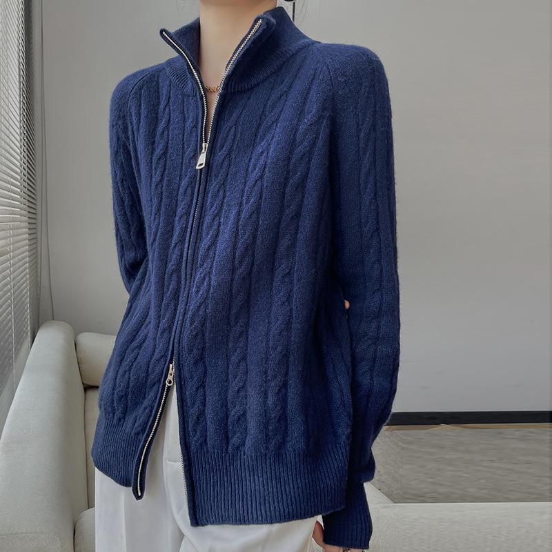 Women's Wool Zipper Knit Cardigan Sweater with Lapel