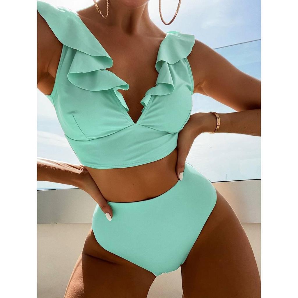 Multicolor Ruffle V-Neck High Waist Bikini - Women's European & American Beach Swimwear