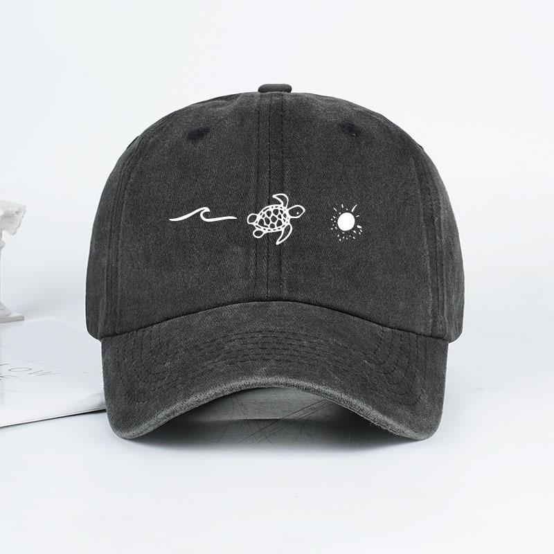 Retro Washed Baseball Cap With Wave, Turtle, And Sun Print – Unisex Adjustable Dad Cap – Summer Beach Sun Hat