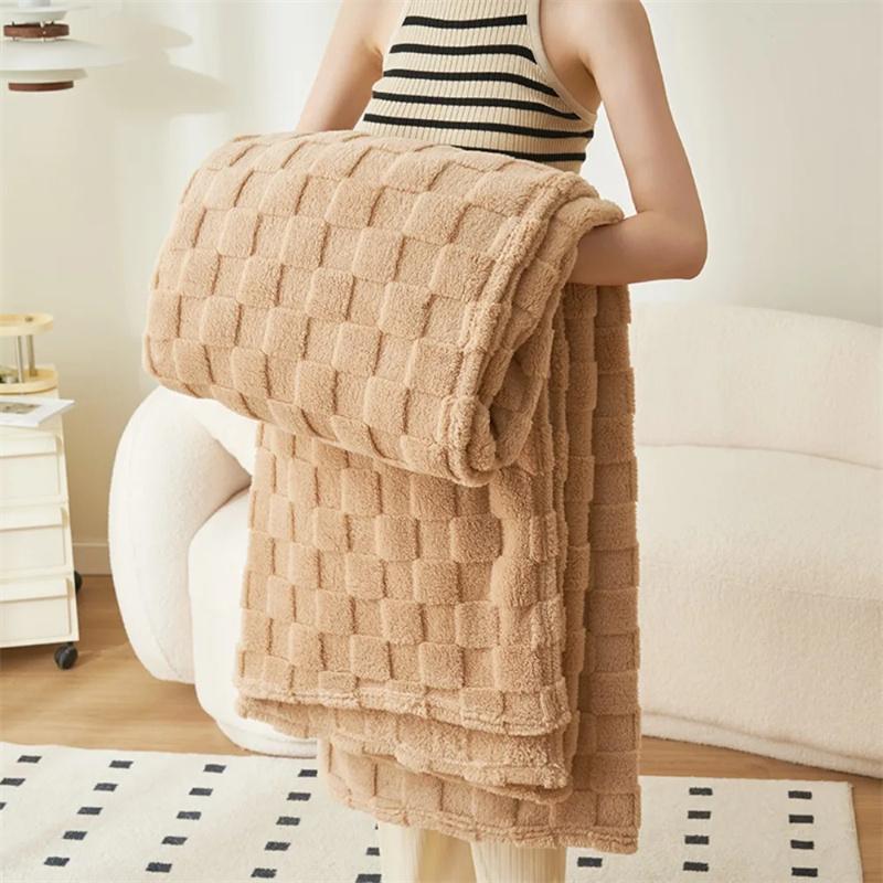Manta de Viaje Gruesa Cálida de Forro Polar Suave Felpa Color Sólido Manta para Sofá Cómoda Textura Cuadrada Manta de Cama Uso en el Hogar