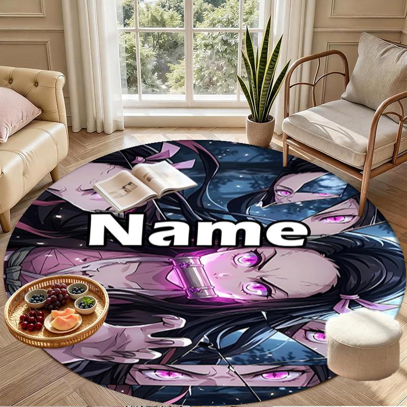 Custom Name Personalized Demon Slayer Print Round Rug, Versatile Home Decor Carpet, for Playroom, Apartment, Balcony, Entryway, Hallway Gift
