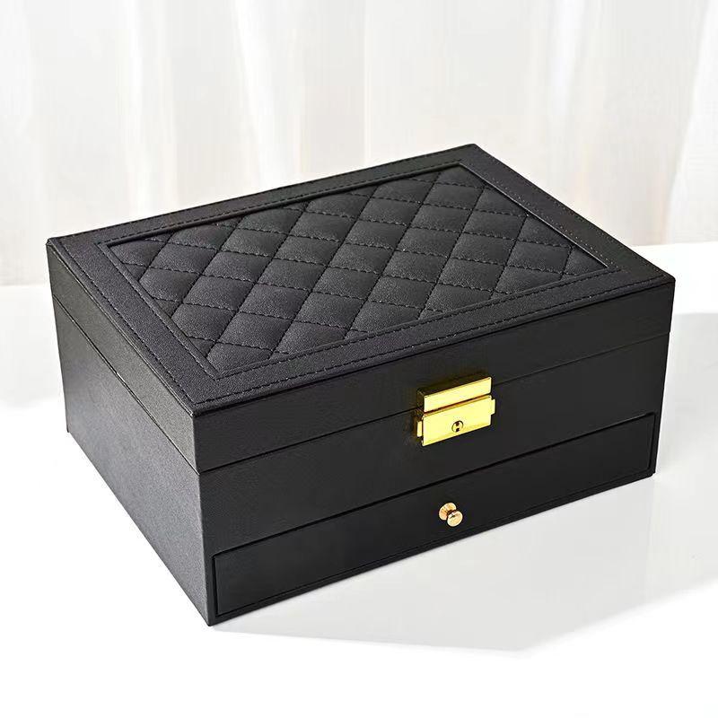 2-Drawer Jewelry Box Large Capacity Jewelry Storage Box with Lock Diamond Pattern Ring Jewelry Gift Box Accessories Packaging Box PU Leather Material