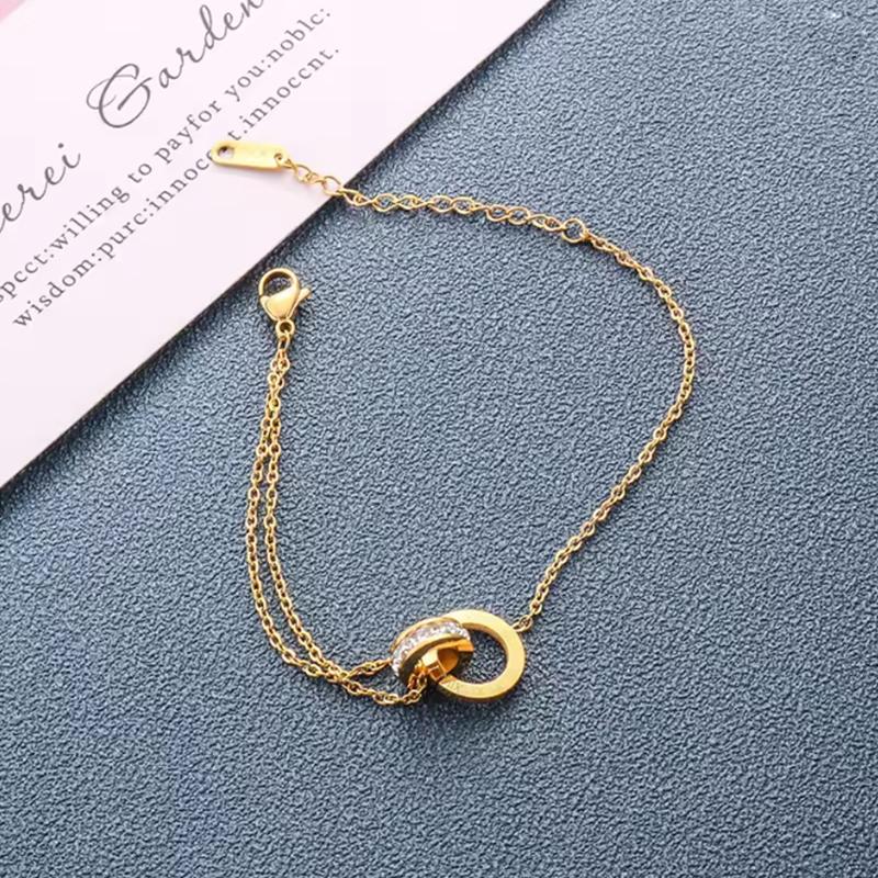 Classic Stainless Steel Dazzling Zircon Bracelet Women Girls Roman Number Double Ring Design Fashion Charm Party Jewelry Gifts