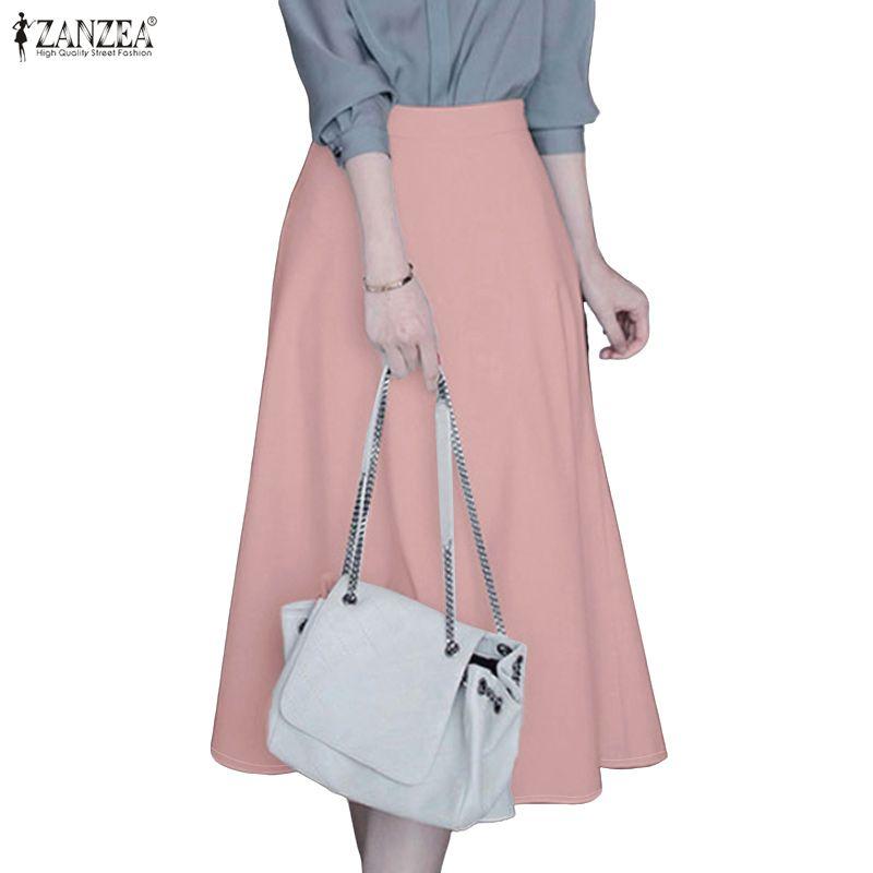 ZANZEA Saias midi soltas de cor sólida e cintura elástica casual feminina