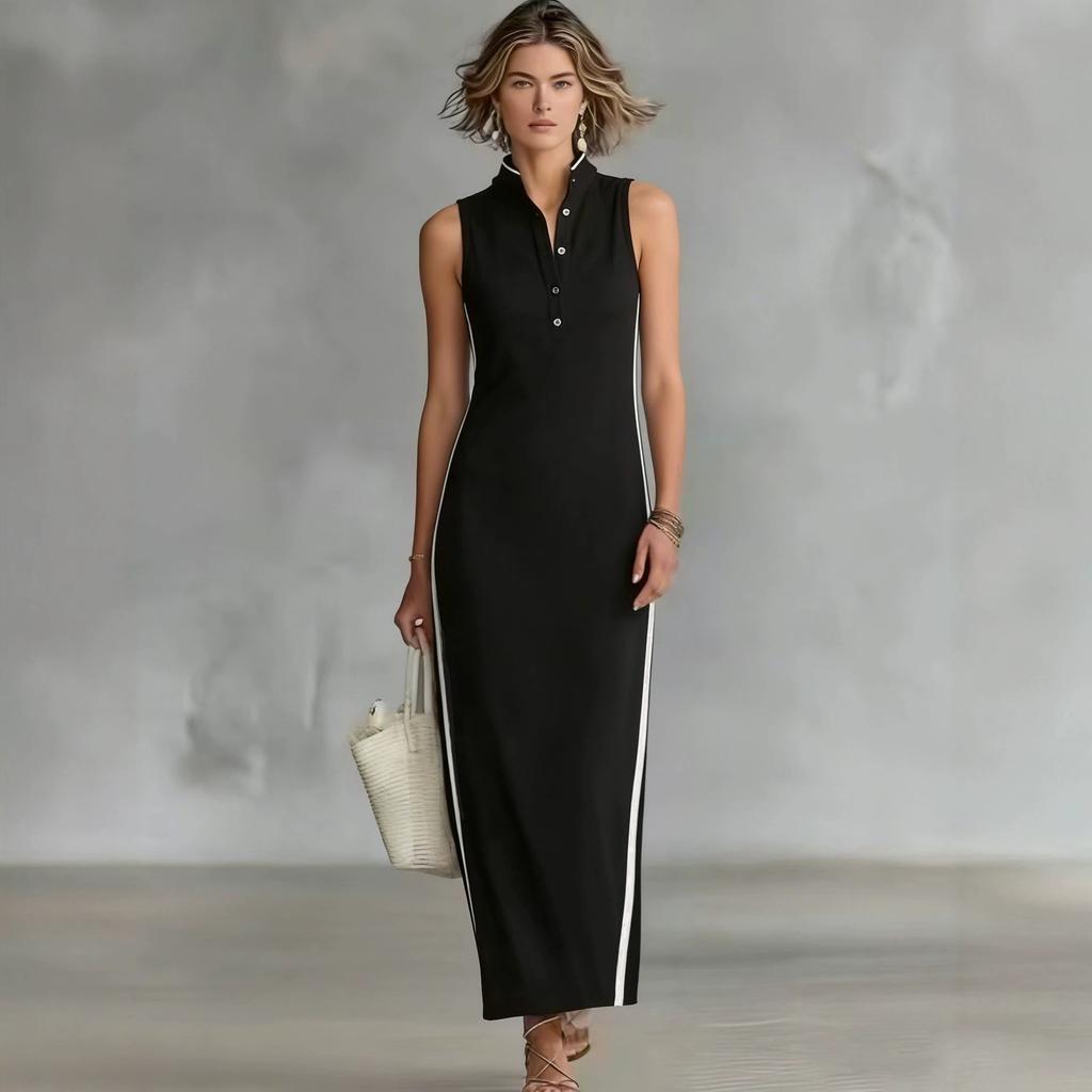 New women's style simple button-neck sleeveless long slim-fitting dress