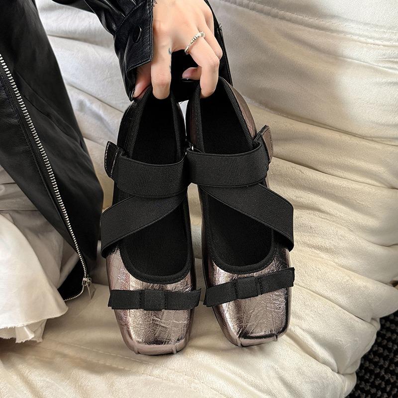 Handmade leather square head bow ballet Mary Jane shoes women's cross strap color matching low heel single shoes women's shoes silver