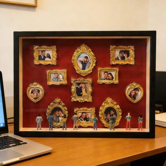Scatola Ombra Mini Museo Grande con Luce Kit Cornice Scatola Ombra con 8 Miniature e 11 Mini Cornici Dorate Kit Espositore Foto Personalizzato per Anniversari