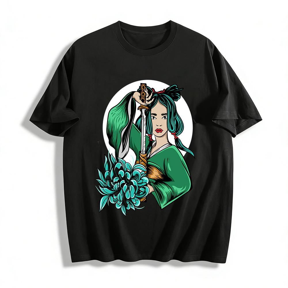 Vintage Japanese Style Sword Girl Print T-shirt Samurai Themed Top Pure cotton T-shirt XXS