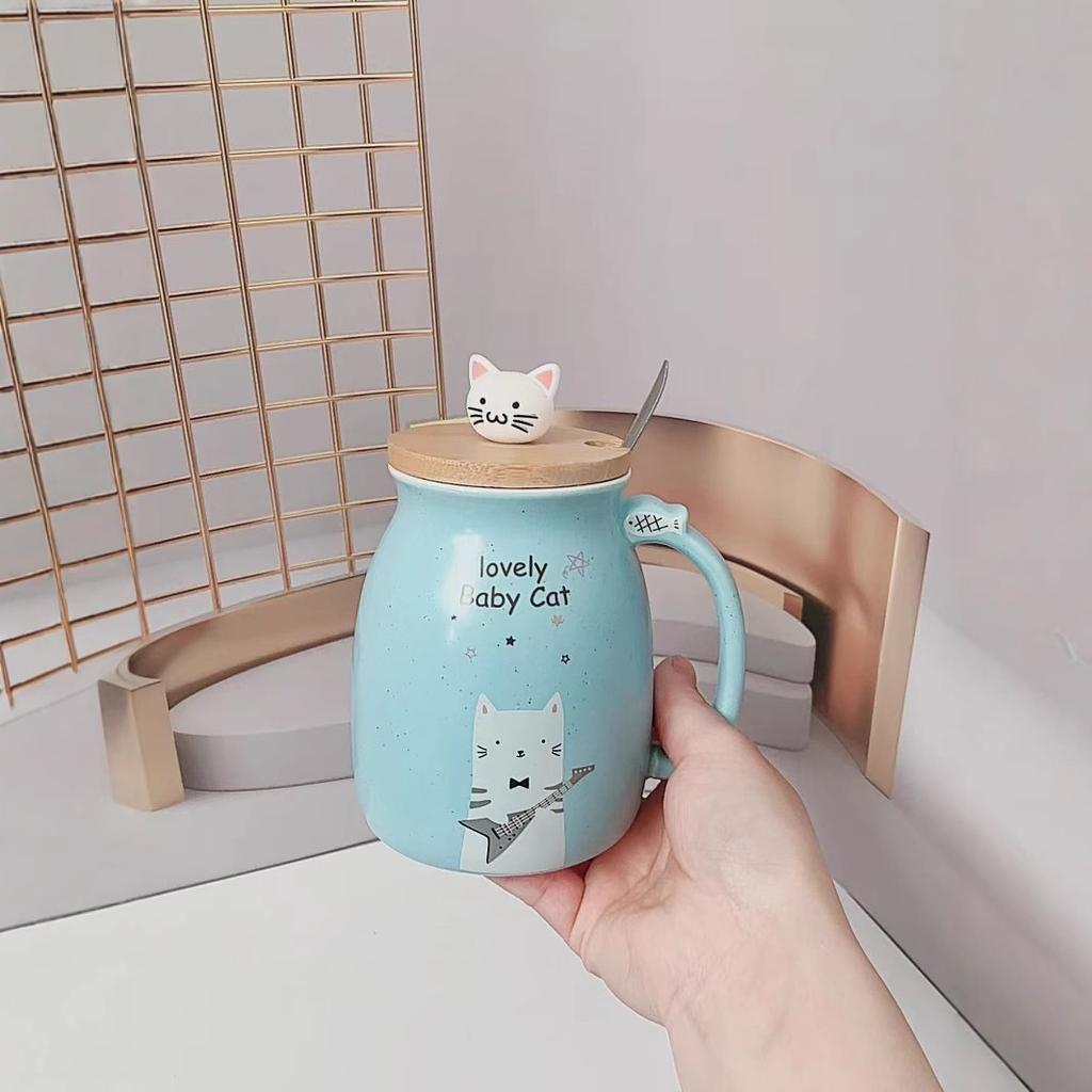 Niedliche Cartoon Katze Keramiktasse mit Deckel Löffel Große Kapazität Becher Haushalt Kaffeetasse Frühstück Milch Wasser