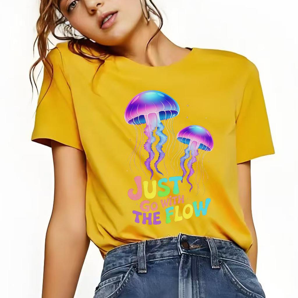 Fashionable and beautiful jellyfish print Womens short sleeved Tshirt summer round neck versatile for daily use