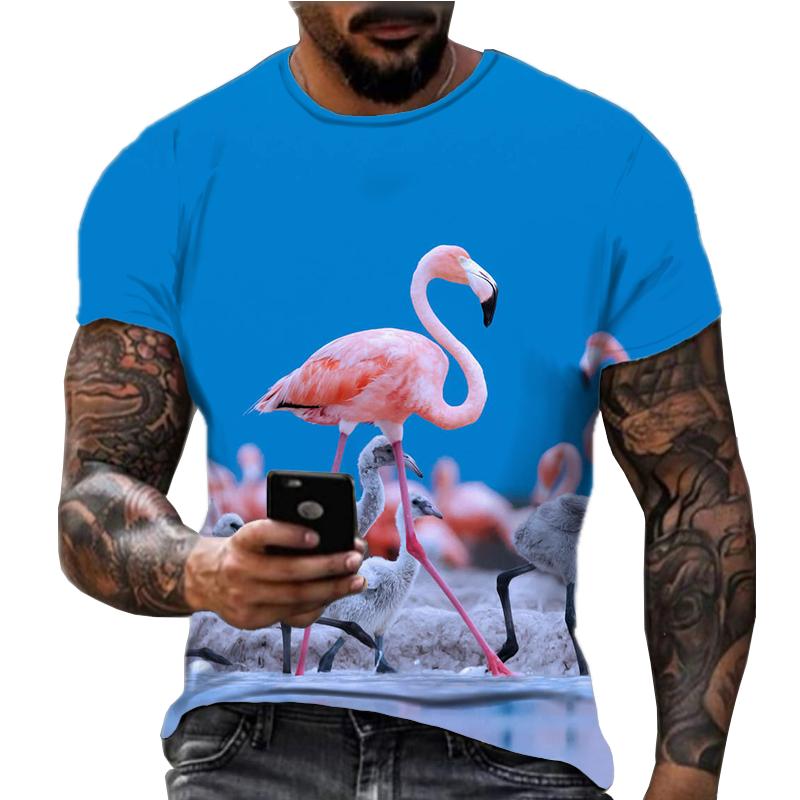 Summer New Flamingo 3D Digital Printed Top Short Sleeve Popular Trend American Fitness Round Neck Loose Men's T-shirt