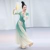 Chinesisches Klassisches Tanzkostüm für Damen, Farbverlauf Grün Weiß Fließendes Chiffon Übungsoutfit Mit Schlagärmeln