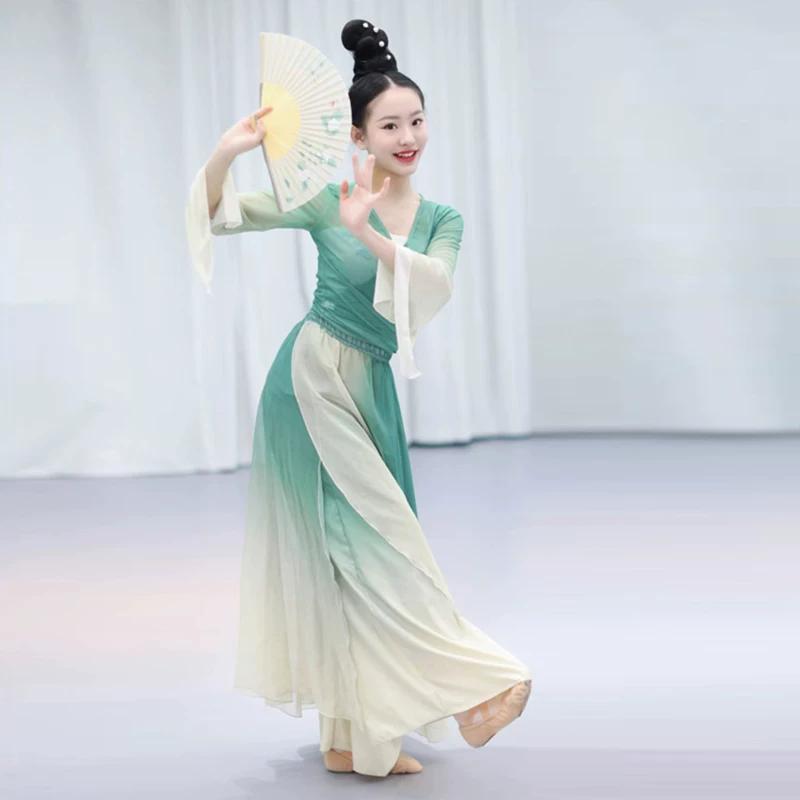 Chinesisches Klassisches Tanzkostüm für Damen, Farbverlauf Grün Weiß Fließendes Chiffon Übungsoutfit Mit Schlagärmeln