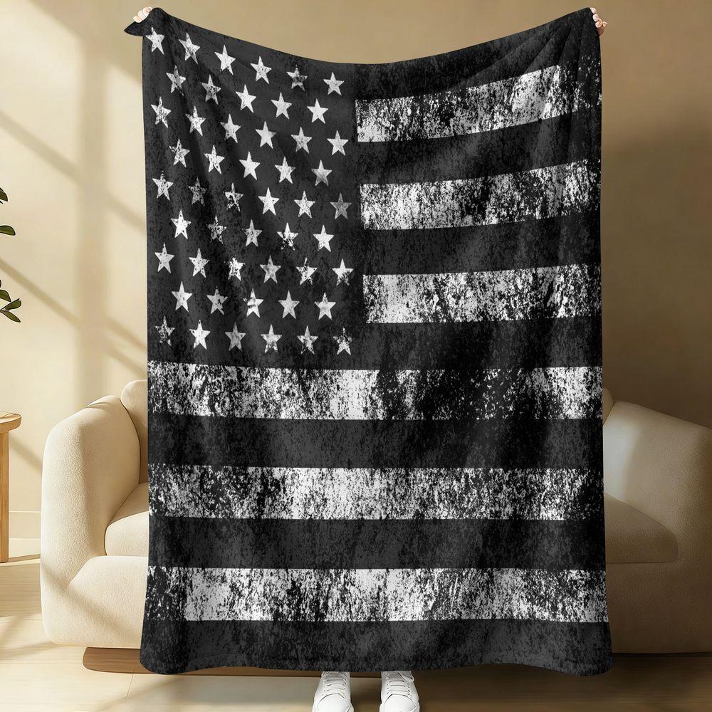 American Flag Throw Blanket Grunge Black White Flannel Blanket Vintage Patriotic Bed Sofa Decorative Gift Blanket Soft 75X95CM