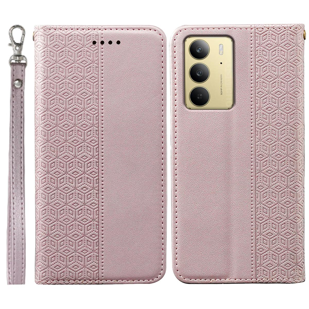 

For Realme C75 4G Wallet Phone Case Checkered Pattern Imprint Leather Flip Cover with Wrist Strap D