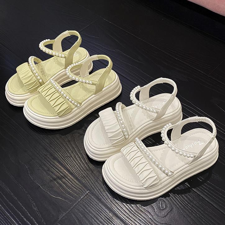 Taoffen Casual Sandals For Women Breathable Exposed Toes Pearl Sandals Lightweight Soft Elastic Band Thick Sole Height Increasing Shoes
