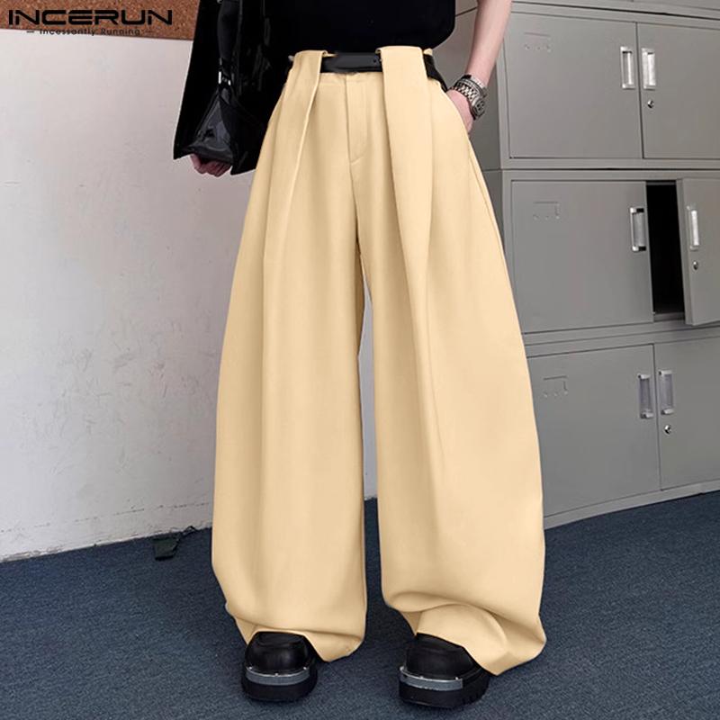 INCERUN Men's High Waist Zipper Ruffled Long Wide Legs Pants Trousers