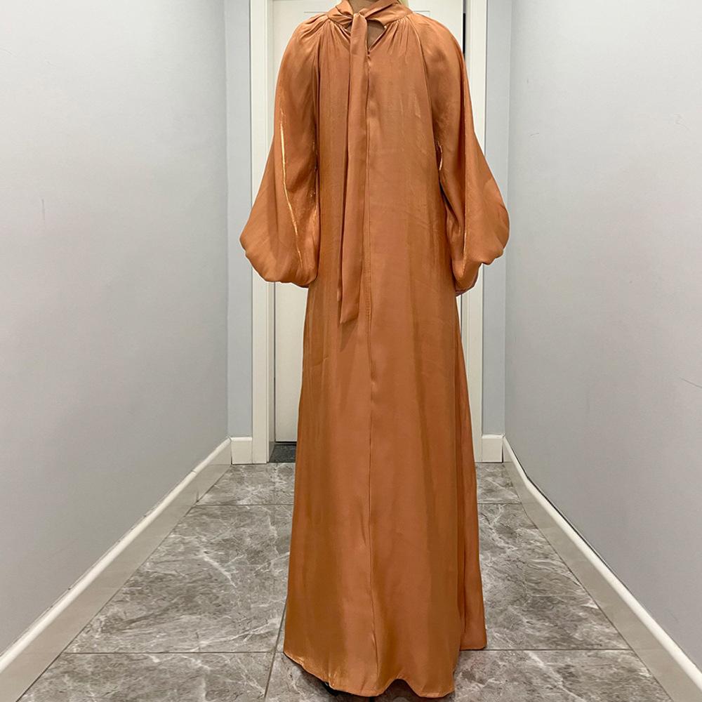 Damenkleidung, einfarbig, große Laternenärmel, helle Seide, lange Ärmel, Stehkragen, Rückenbindung, muslimisches Kleid, 6 Farben