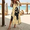 Women Fashion Round Neck Colorful Grid Lines Printed Short Sleeve Side Slit Dress Casual Vacation Dress Long Loose Dress