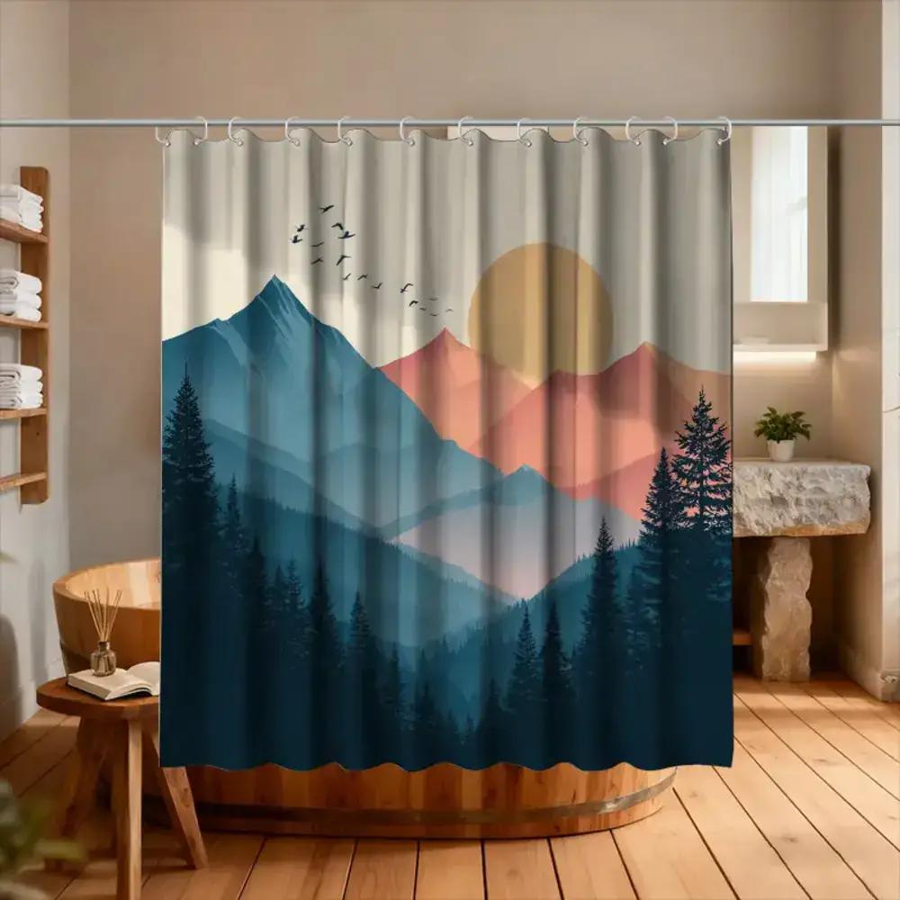

A Bathroom Shower Curtain Featuring A Sunrise View From A Mountain Top, Includes 12 Hooks, Measuring 70.87*70.87Inch, Perfect Fo W60H190(CM)-1 Pcs