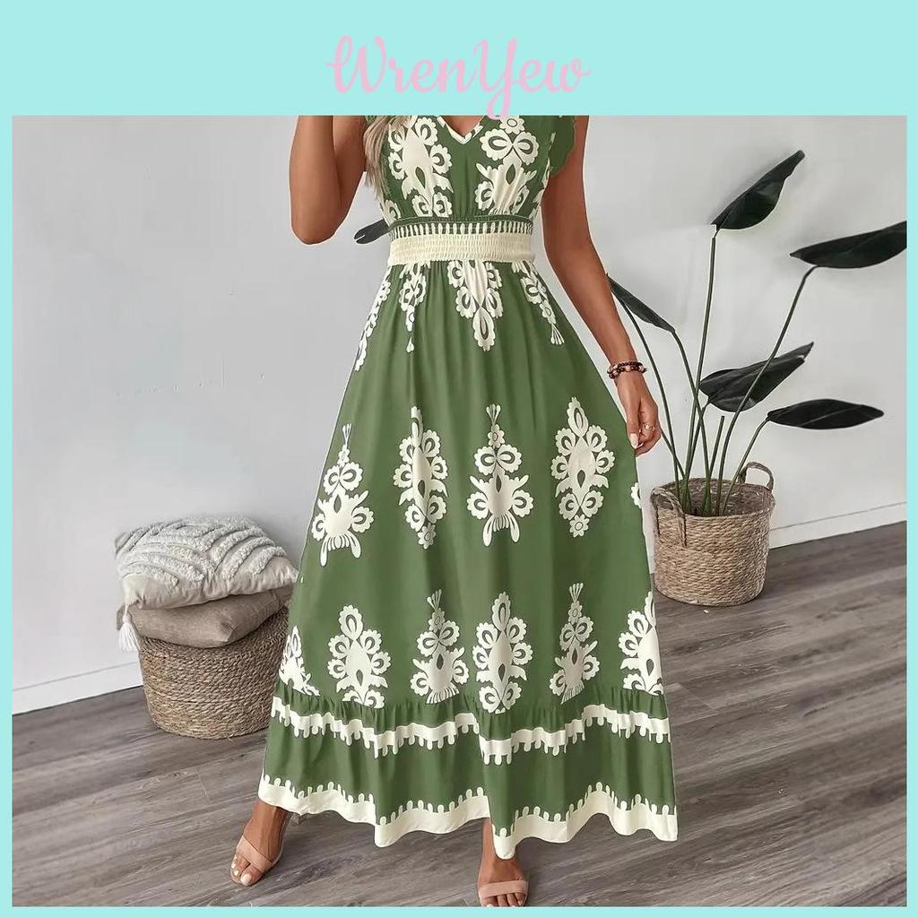 Polyester Beach Dress With 3d Print Vneck High Waist For Summer Vacation
