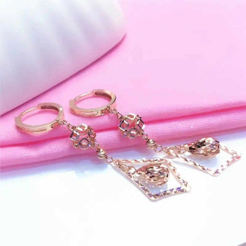 Purple Gold Rhombus Hollow Water Drop Earrings Fashion Temperament Long Rose Gold Plated Color Gold Earrings