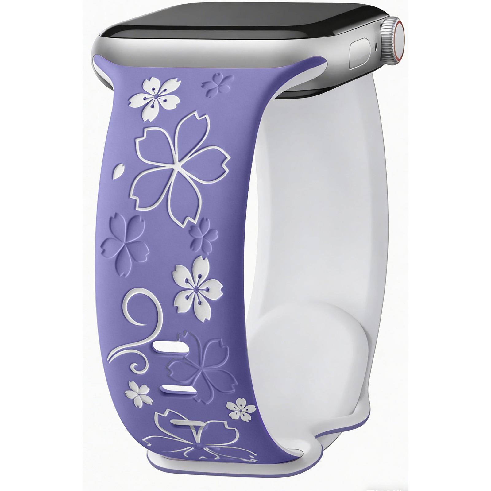 Two-Color Floral Laser-Engraved Silicone Strap for Apple Watch 42/44/45/46/49mm