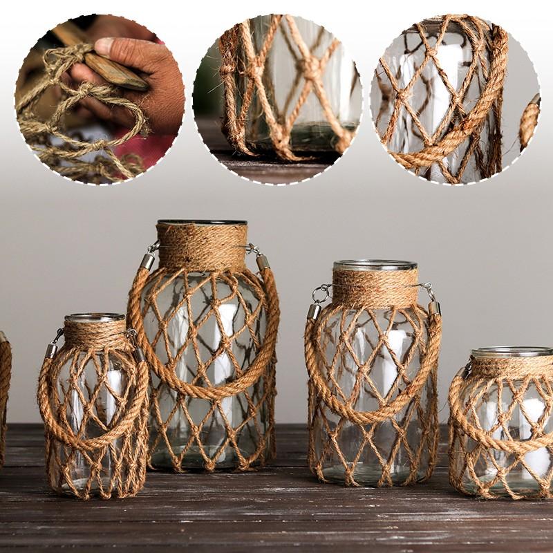 Hand Glass Vase Dry Flower Decor Woven Hemp Rope Vase Art Retro Hydroponics Vase Transparent Living Room Decor Table Ornament