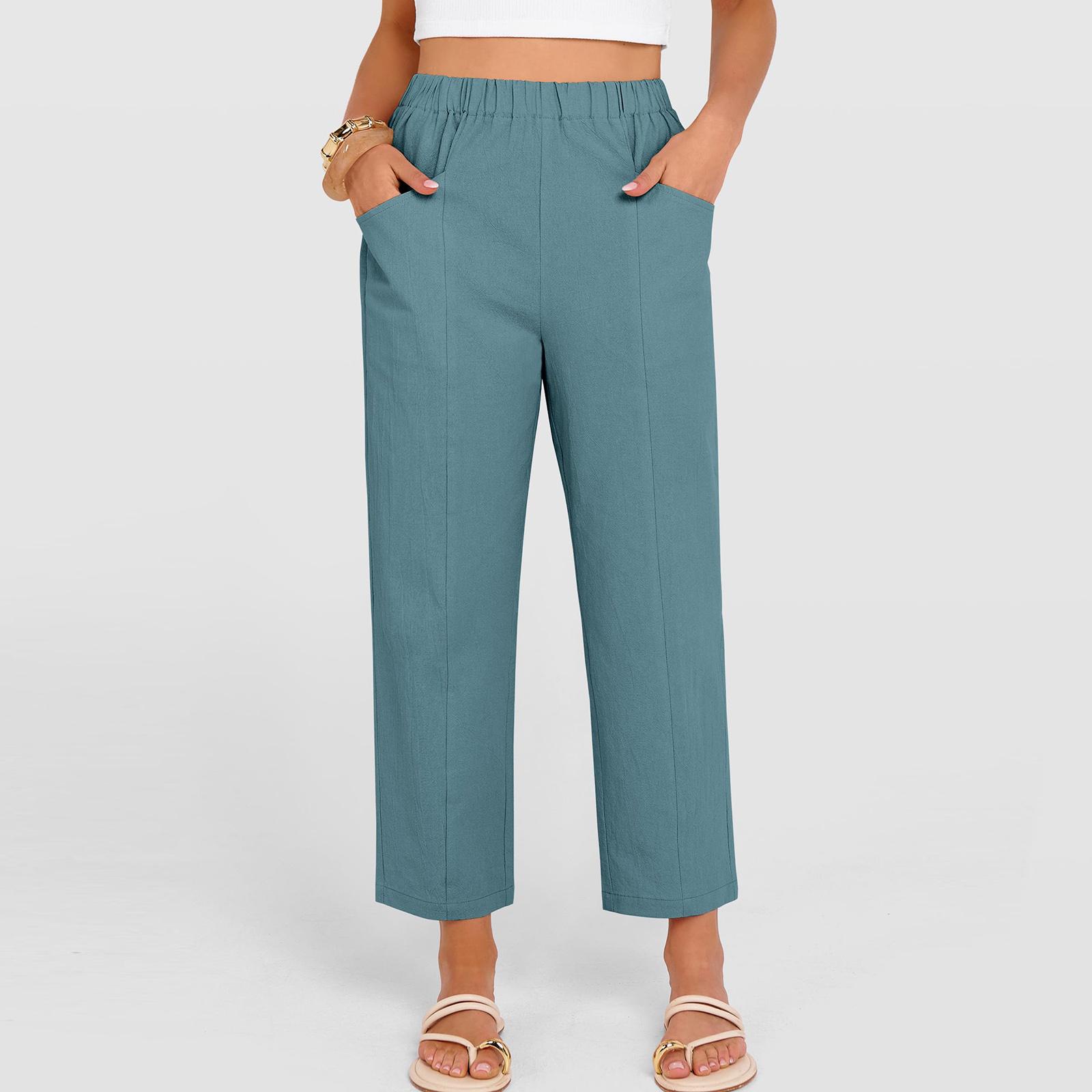 

Women Elastic High Waist Pant Casual Fit Wide Leg Long Pants Trousers With Pockets L синий