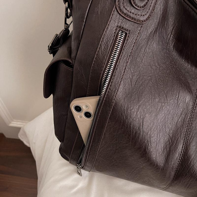 Faux Leather Tote Bag with Dual Zipper Pockets Adjustable Shoulder Strap Women's Everyday Fashion Handbag