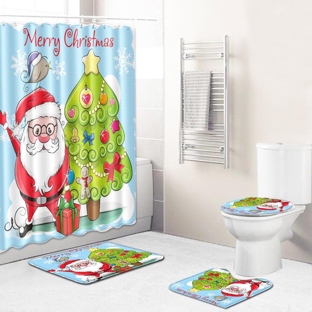 3D Digital Printing Christmas Waterproof Shower Curtain Four-Piece Bathroom Non-Slip Door Mat Bedroom Living Room Floor Mat Carpet