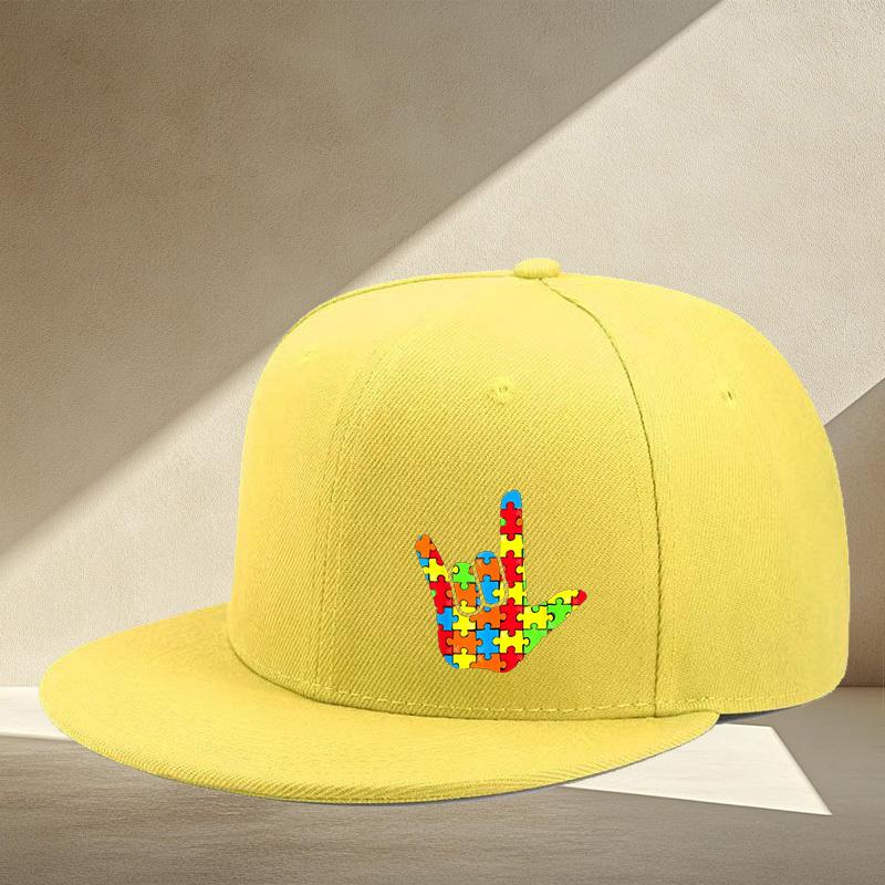 Autism Awareness Puzzle I Love You Sign Baseball Cap Unisex Adjustable Flat Brim Casual Outdoor Sports Cap