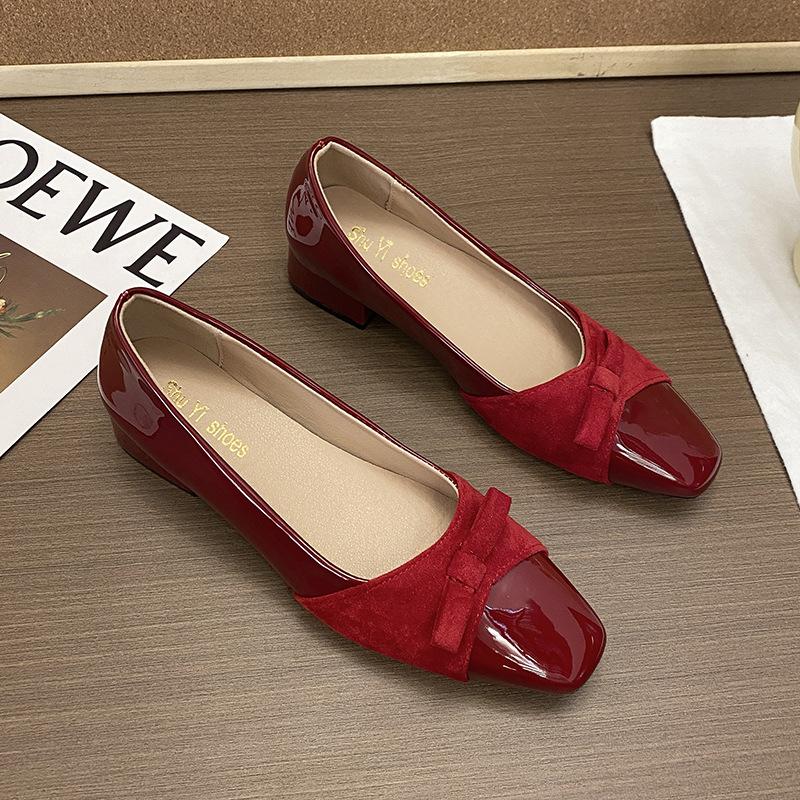 2025 summer new square head fashion bow middle heel single shoes with skirt temperament French splicing professional single shoes women