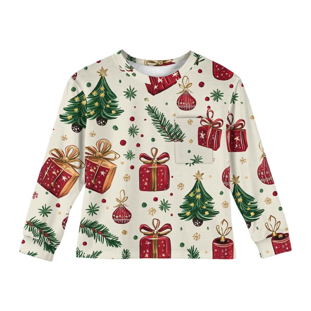 Christmas Day Girls' Long Sleeve Blouse - Round Neck Soft Waist Tunic