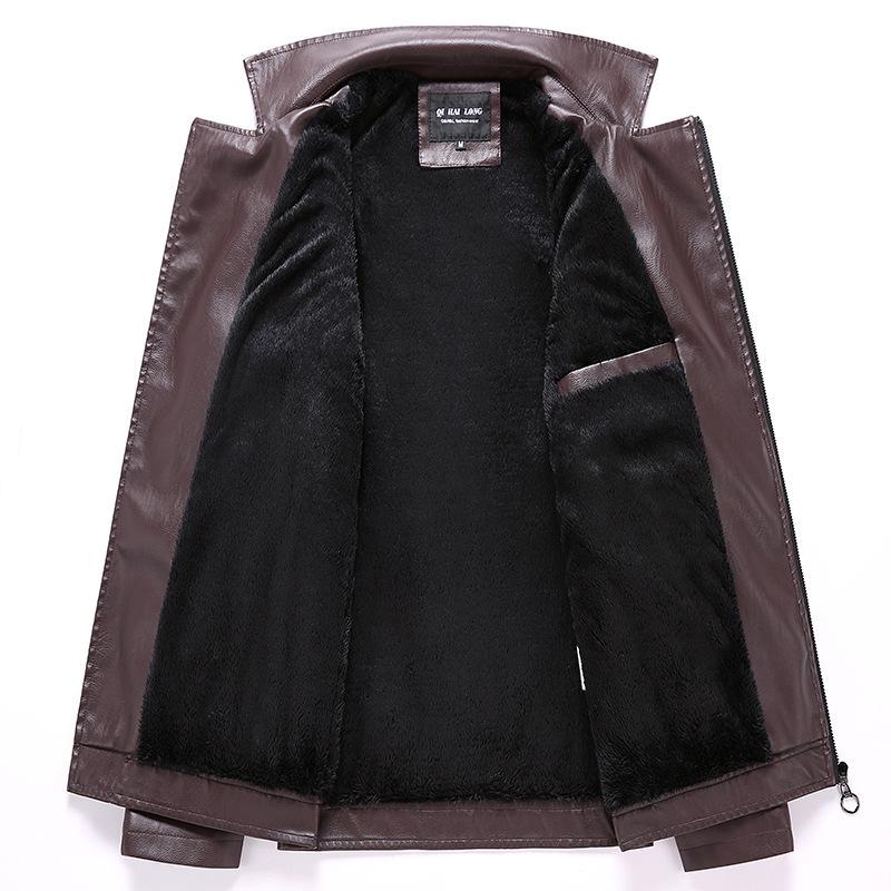 Leather Jacket Men's Slim Pu Leather Jacket Fashion Motorcycle Leather Jacket Plus Velvet Casual Thickened Men's Lapel Contrast Color Leather Jacket
