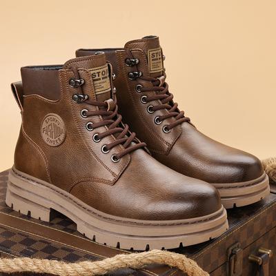 New Arrival Men High Top Shoes Outdoor Leather Ankle Boots Fashion Lace Up Motorcycle Boots Non-Slip Man Winter Plush Snow Botas