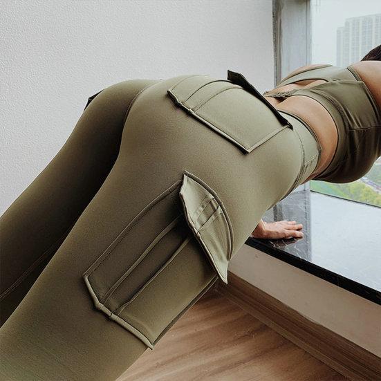 Pantaloni da Yoga a Vita Alta Monocolore Multi Tasche Push Up Senza Cuciture Skinny Leggings Fitness da Donna Activewear