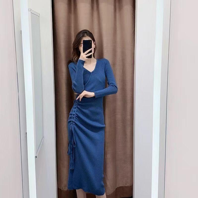 Knit Dress Waist-Cinching Mid-Length Autumn Winter Temperament Knee-Length Long Sleeve Base Layer Sweater Dress