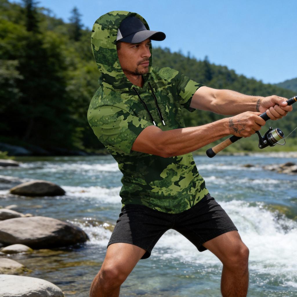 Men's Camouflage Print Raglan Sleeve Casual Sport Fishing Sun Protection Short Sleeve Hoodie Pullover Top for Outdoor Activities