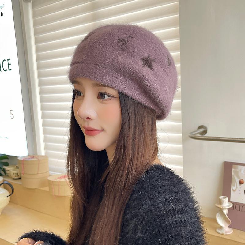 Women's Beret Hat Autumn and Winter Solid Color Knitted Woolen Hat Warm Thick Soft Vintage Painter Premium Hat