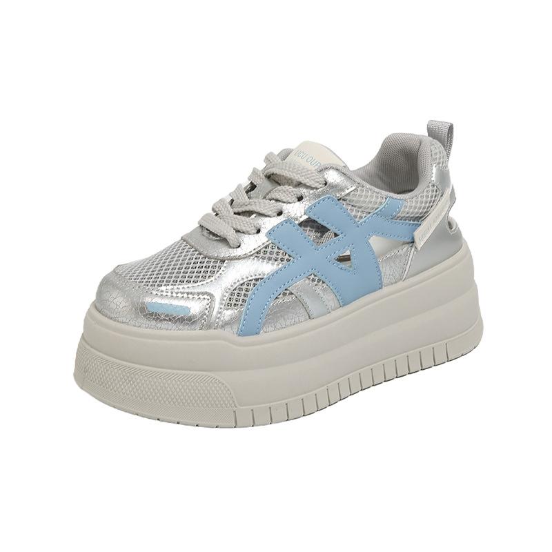 

thick-soled mesh white shoes women s 2025 summer new fashion versatile comfortable sports leisure lightweight non-slip board shoes 40 серебряный