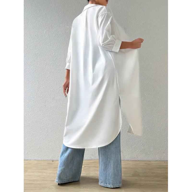 Women's Mid-Sleeve Solid Color Cardigan Shirt Dress