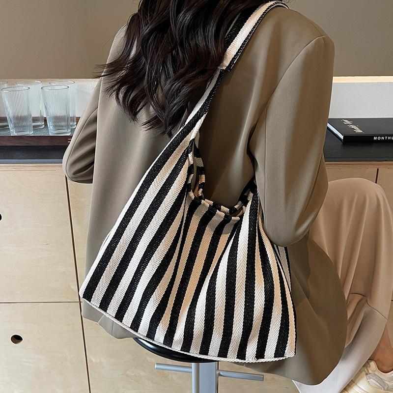 Striped Handbag Shoulder Large Capacity Casual Bag New Women's Bag Tote Bucket Bag Large Capacity Canvas Tote Bag