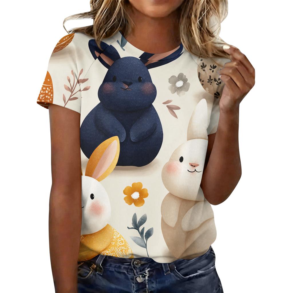 Women's Fashionable Casual Short-Sleeved Raglan Sleeve Easter Print T-Shirt Top