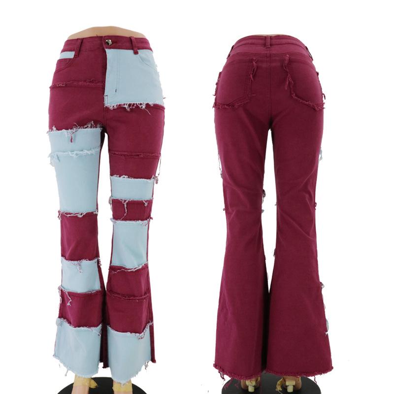 2025 Autumn Color Block Patchwork High Waist Flared Women's Denim Pants