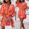 V-Neck Batwing Sleeve Layer Ruffle Hem Holiday Dress Summer Casual Waist Drawstring Coconut Leaves Print Mini Dress Female Clothes
