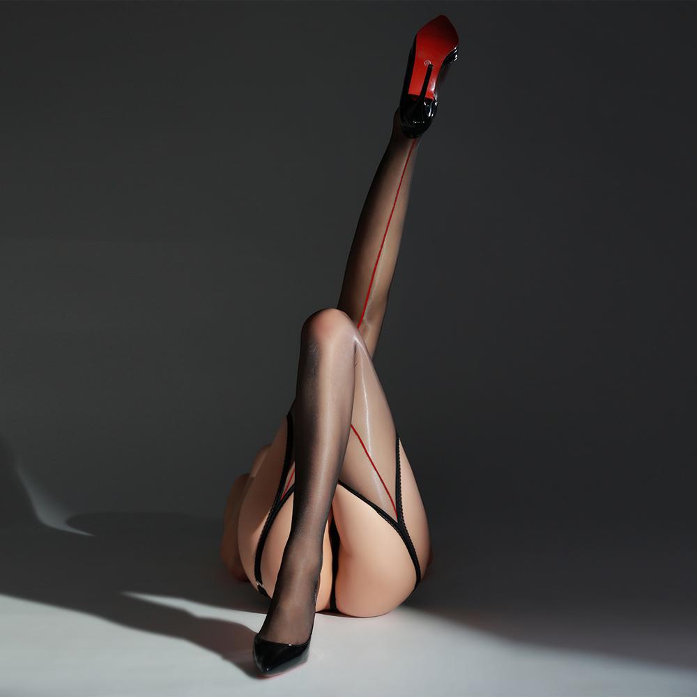 

Sexy Women Open Crotch Sheer See Through Oil Glossy Shiny Stockings Stripe Maid Tights Shrimp Line Stockings Hollow Out One Size