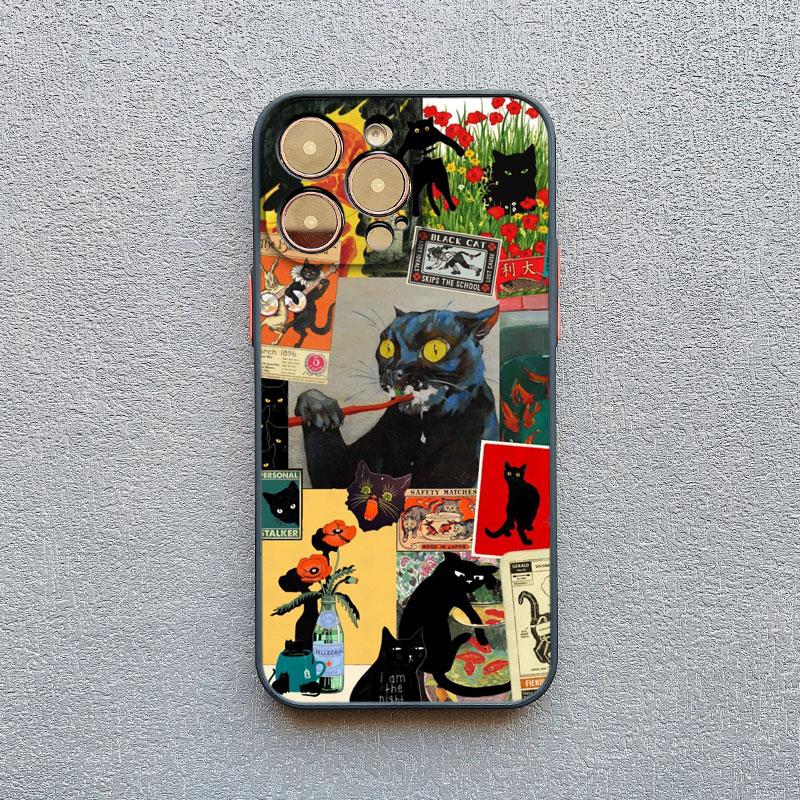 Kreative freche schwarze Katze Illustration Collage Handyhülle für iPhone 13 12 Mini 11 Pro Max 15 16 14 Pro Max Plus XR X XS Hüllen
