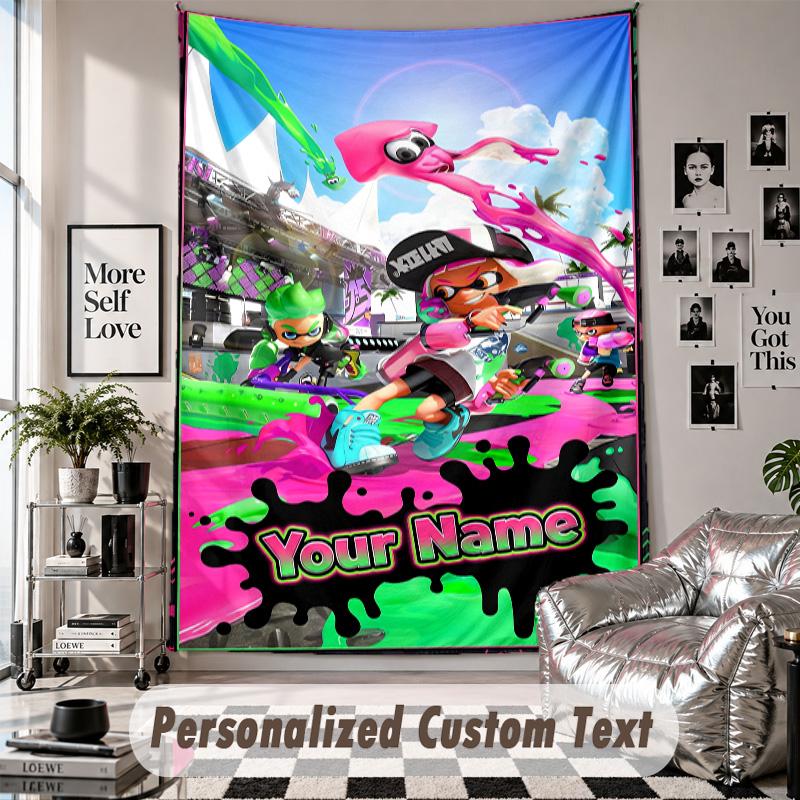 Wall Hanging Tapestry With Custom Name & Text, Splatoon Decorative Tapestry For Bedroom