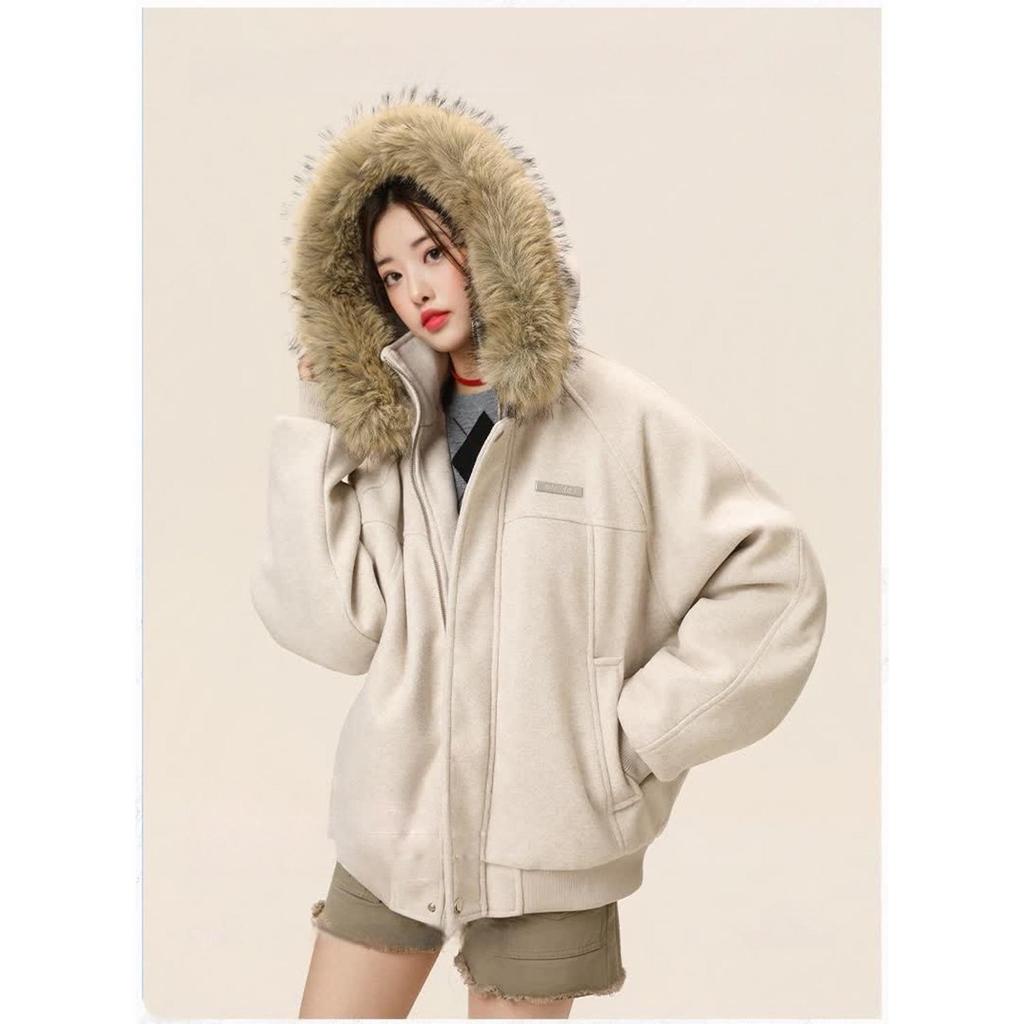 Men's Winter Wool Coat with Large Fur Collar - Mountain Eagle Hooded Heavyweight Jacket